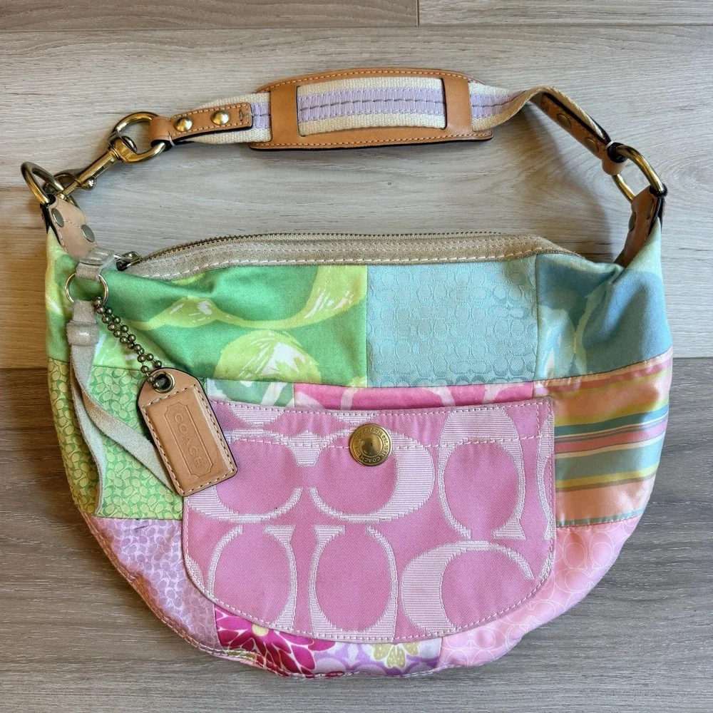 COACH Patchwork Multicolor Hobo Bag Y2K 374 Cotton Shoulder Bag Vintage Style
